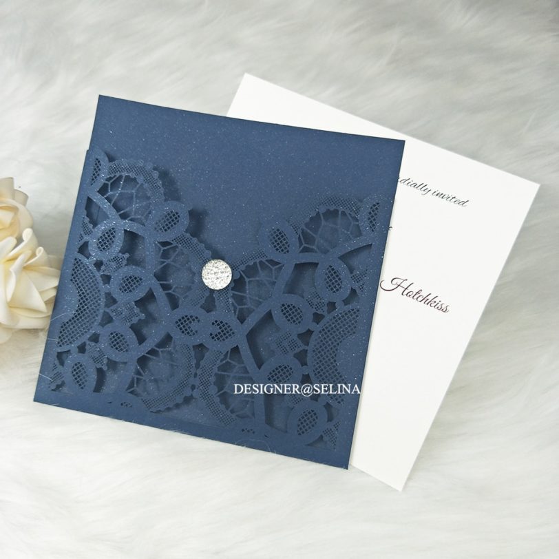 50 Navy Blue Laser Cut Wedding Invitations with Rhinestone & Envelope DIY Editable Engagement Party Invation Lace Greeting Cards - Image 2