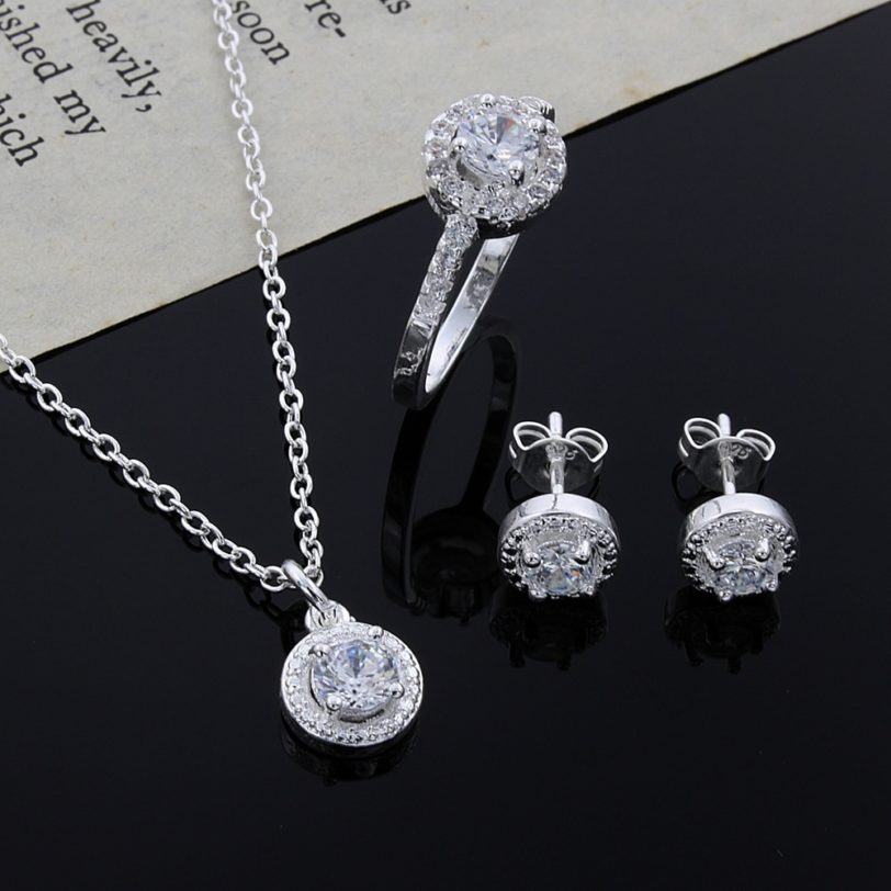 925 Sterling silver Cute Solid Christmas gift noble fashion elegant women shiny crystal CZ necklace earring ring jewelry Set - Image 2