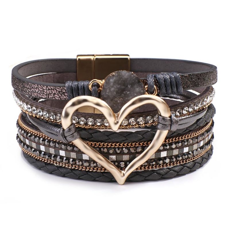 Amorcome Fashion Braided Leather Wrap Bracelets Bangles Multilayer Resin Stone Hollow Heart Charm Bracelets Women Gift Pulseira - Image 2