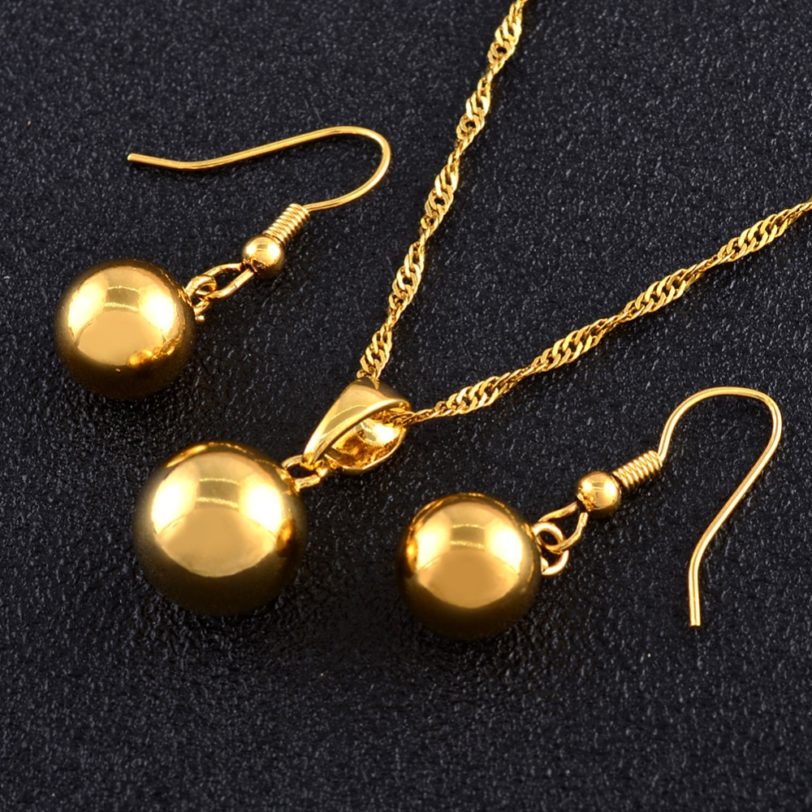 Anniyo Round Ball Pendant Necklace chain Earrings sets Jewelry Gold Color Bead Necklaces sets for women #200006 - Image 4