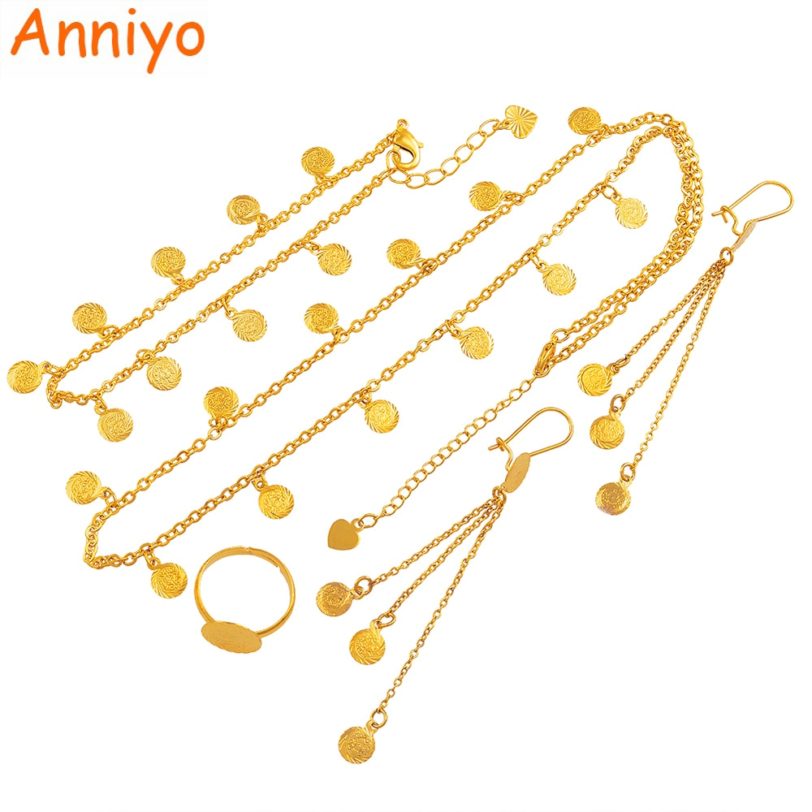 Anniyo Small Coin Jewelry Set for Girls,Necklace Earring Bracelet Ring Gold Color Arab Jeweler Metal Coins for Kids #049706 - Image 6