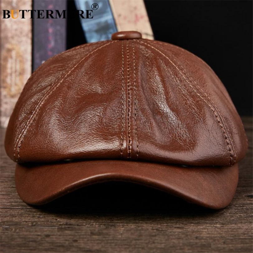 BUTTERMERE Genuine Leather Newsboy Cap Men Real Leather Winter Hat Black Brown Vintage Brand Octagonal Cap For Men Flat Cap - Image 2