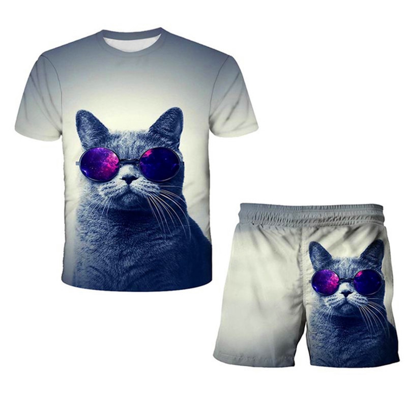 Boys Girls Cat Animals T shirt Set 2021 Summer 4 14 Years Children Cotton Clothing 2pcs 1