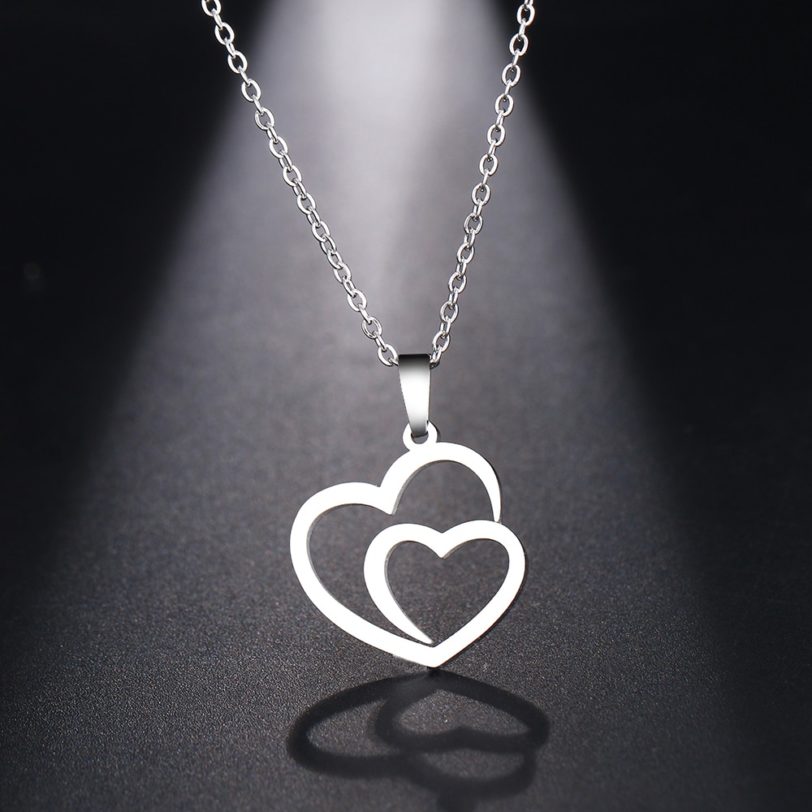 CACANA Stainless Steel Necklace For Women Man Hollow Double Heart Rose Gold Choker Pendant Necklace Engagement Jewelry - Image 2