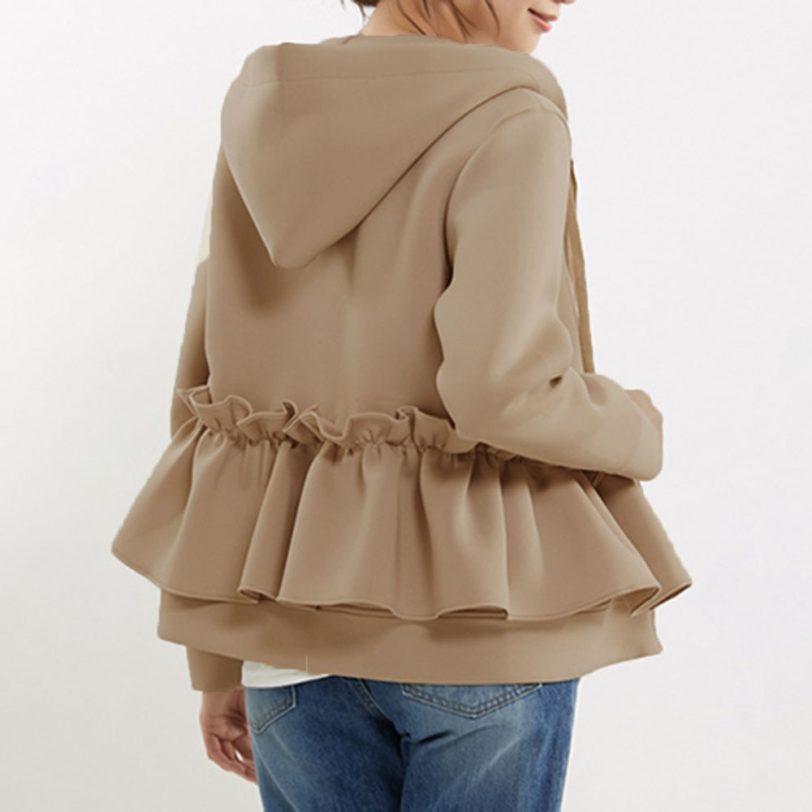Casual Women Slim Tops Autumn Korean Fashion Ruffle Hooded Long Sleeve Street Beat Outerwear Coat Jacket 1