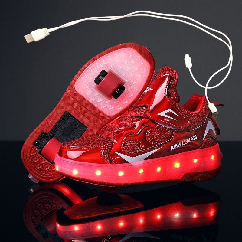 Children Boys Luminous Glowing Sneakers with Double Two Wheels Roller Skate Shoes Adult Kids USB Charging