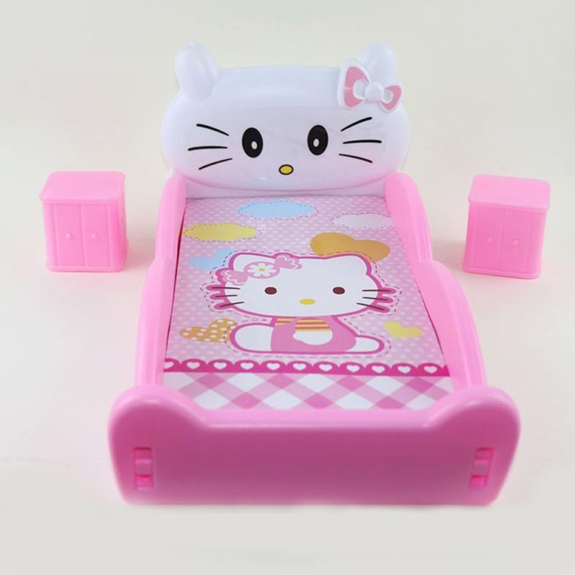 Children's Playhouse For Barbie Doll Accessories Dream KT Bed 2 Bedside Table Fashion Bedroom Furniture Girl Toy - Image 2