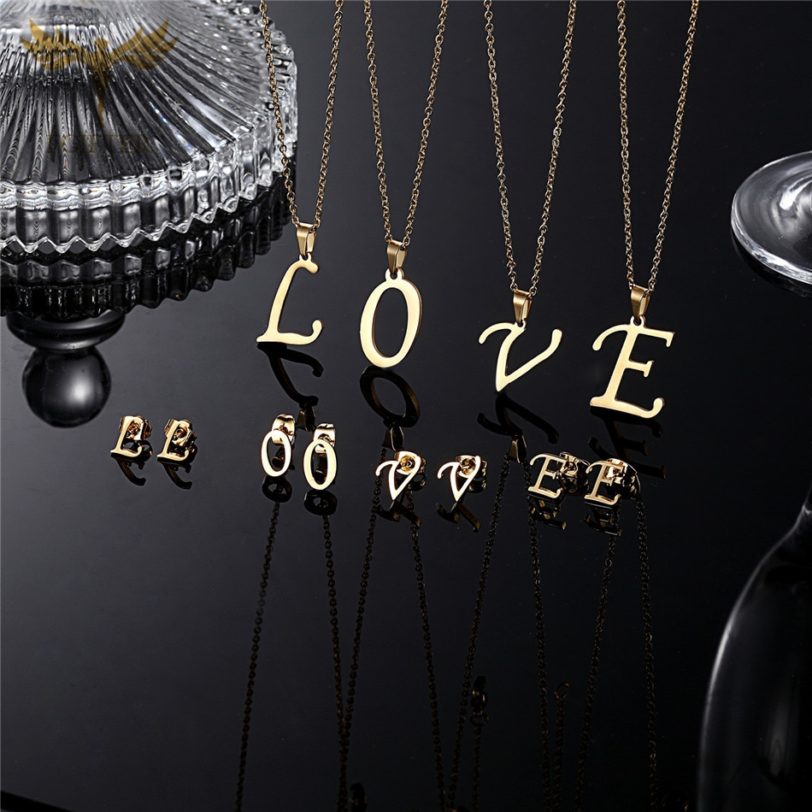 Classic Girls Children Jewelry 26 Letters B Pendant Necklace And Earrings Golden Stainless Steel Jewelry Set Kids Gifts - Image 4