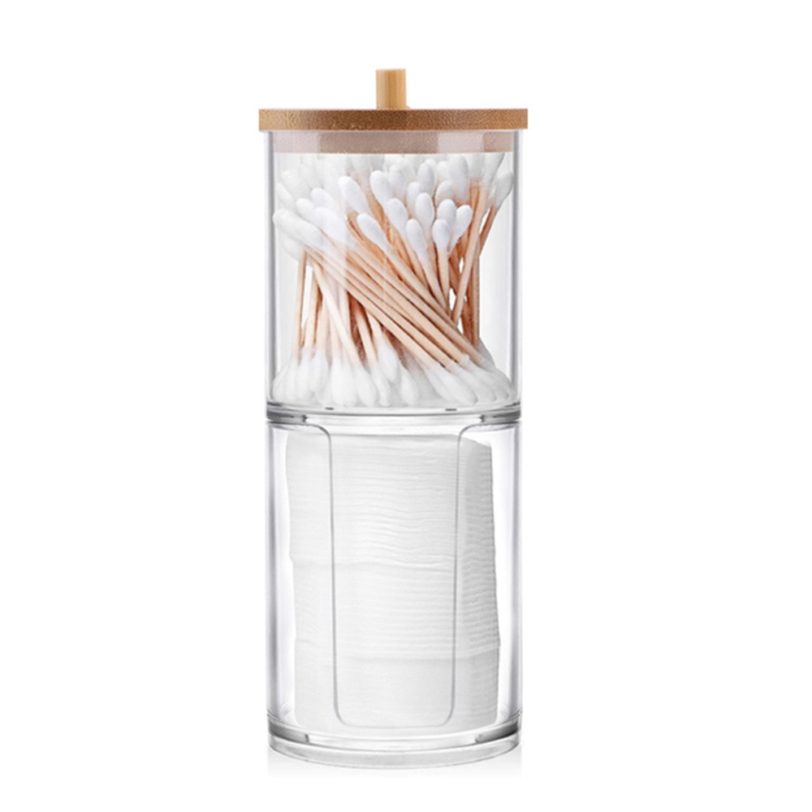 Cotton Swab Storage Bamboo Cover Acrylic Round Container Cotton Puff Storage Box Makeup Remover Box Makeup Storage Organizer - Image 2