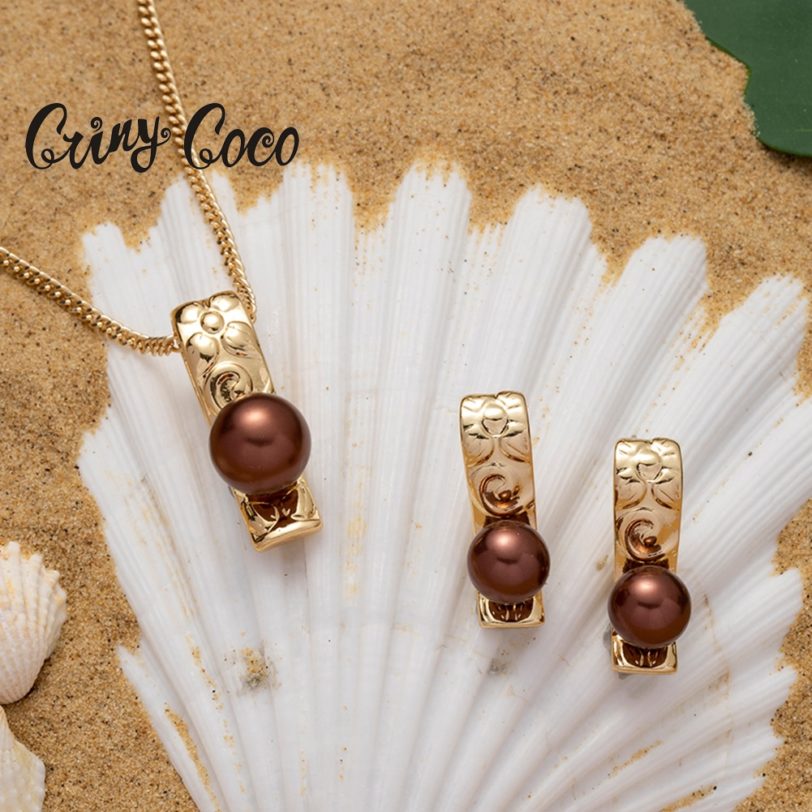 Cring Coco Hawaiian Jewelry Set New Design Polynesian 14k Gold Plated Brown Pearl Stud Earrings Necklace Sets for Women 2021 - Image 2