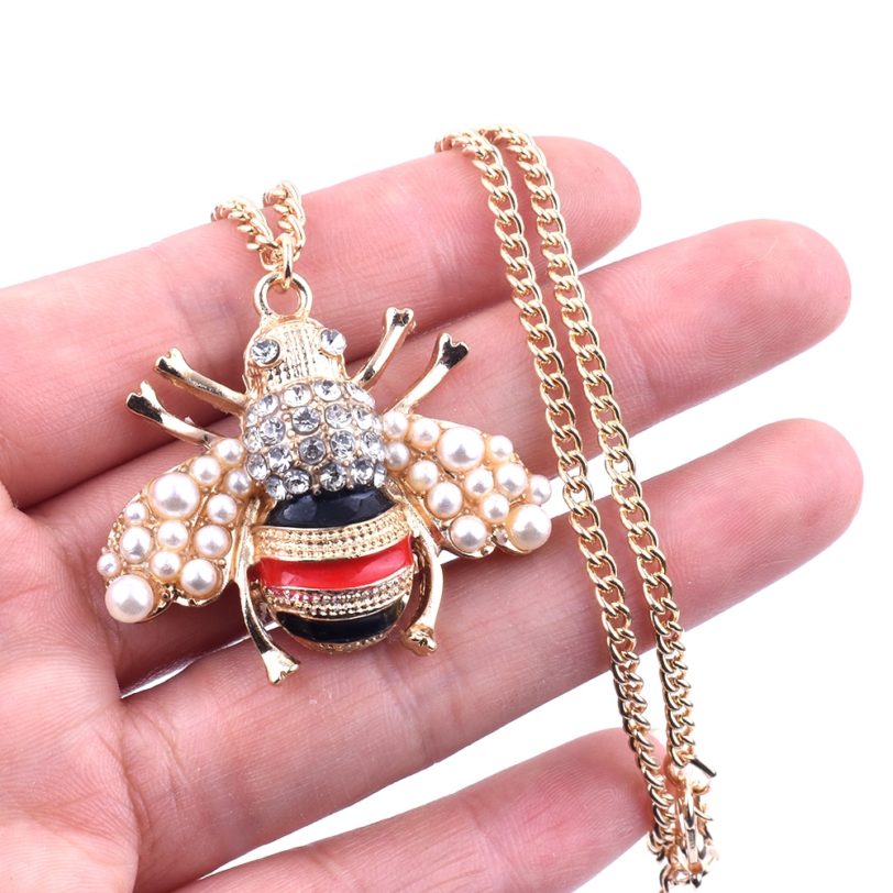 Crystal Animal Pearl Bee Necklace Earrings Set for Women Large Insect Fashion Dress Coat Accessories Cute Girl Gold Jewelry Gift - Image 6