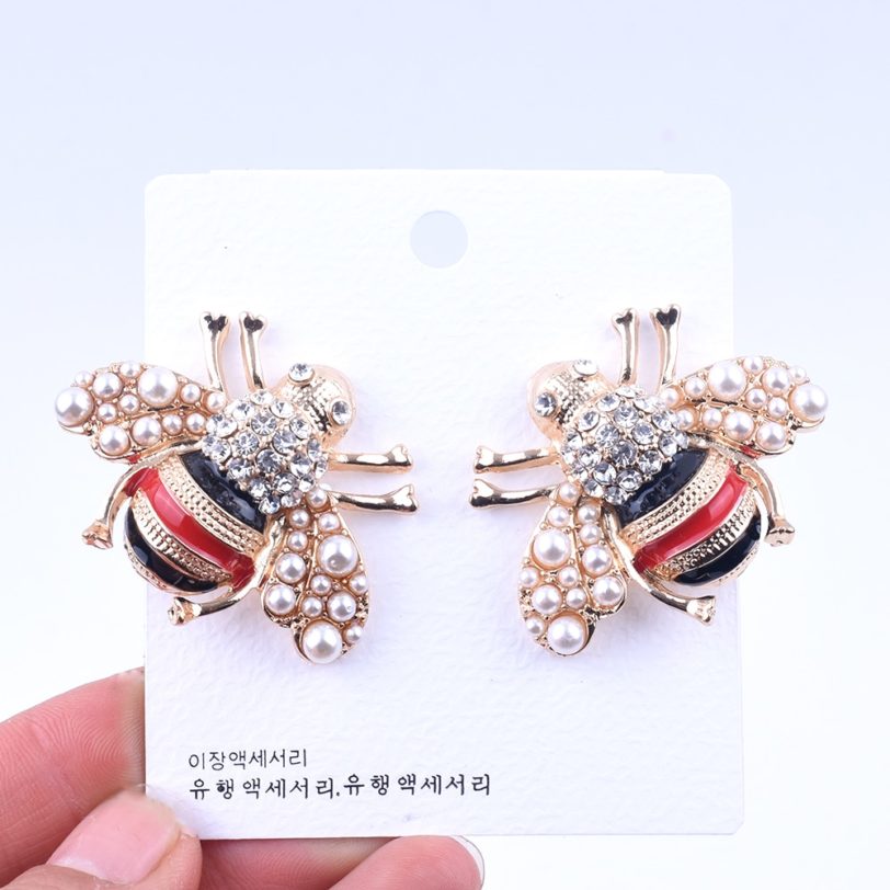 Crystal Animal Pearl Bee Necklace Earrings Set for Women Large Insect Fashion Dress Coat Accessories Cute Girl Gold Jewelry Gift - Image 2