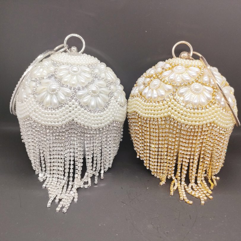 DG PEAFLOW Round Circular Gold Diamond Tassel Bridal Women Evening Party Crystal Clutch Bag Wedding Wristlets 1