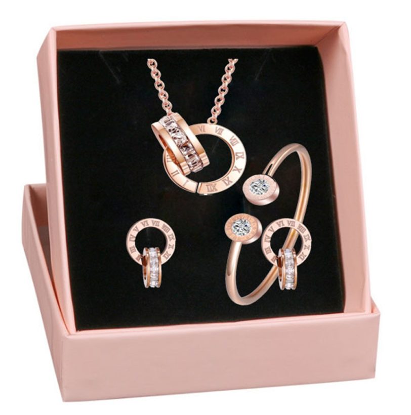 Double Circle Roman Numeral Necklace Earring Bracelet Set Women Square Crystal 316L Stainless Steel Wedding Jewelry Set Gift Box - Image 3