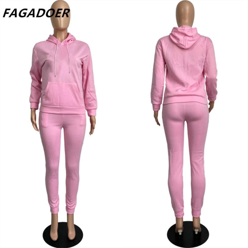 FAGADOER Autumn Winter Tracksuits Women Solid Hooded Sweatshirt Sweatpants Two Piece Set Female Casual Sportwear Outfit 2