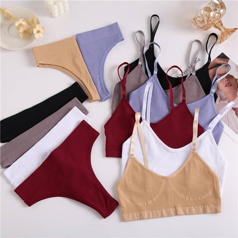 FINETOO Seamless Tanks Tops Panties Set Female Underwear Wireless Bra Crop Top Women Low rise Underpants