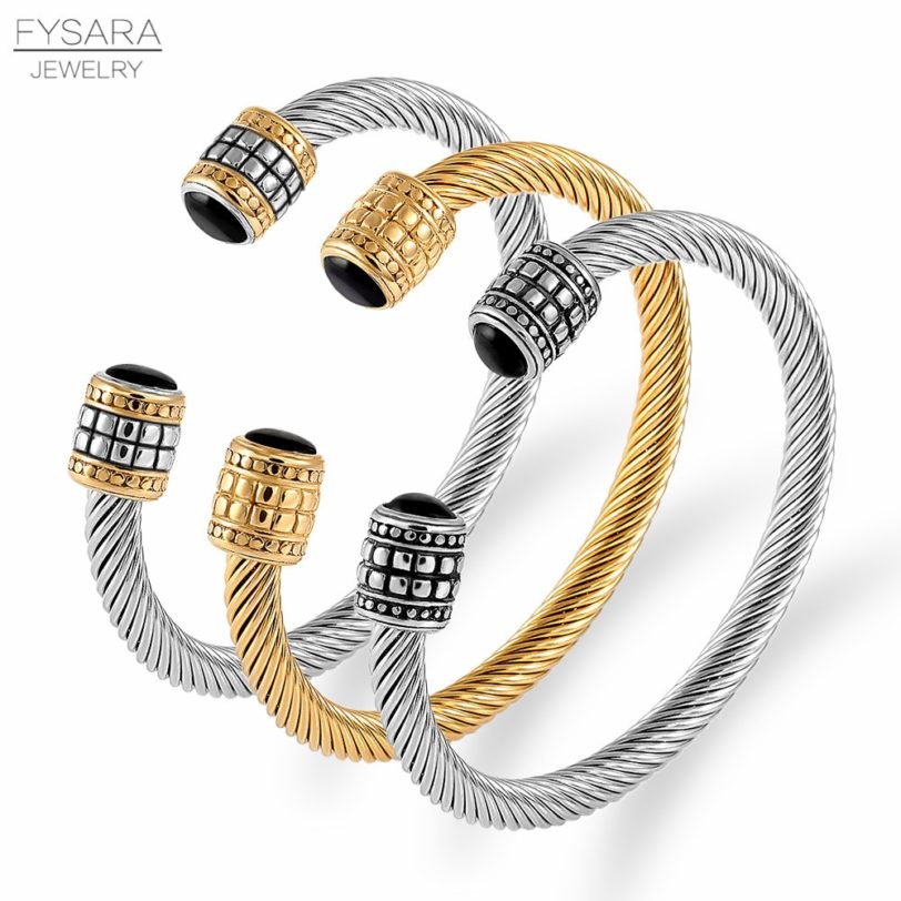 FYSARA Luxury Braided Charm Open Cuff Men Women Stackable Bangles Jewelry Classic Stainless Steel Vintage Adjustable Bracelets - Image 2