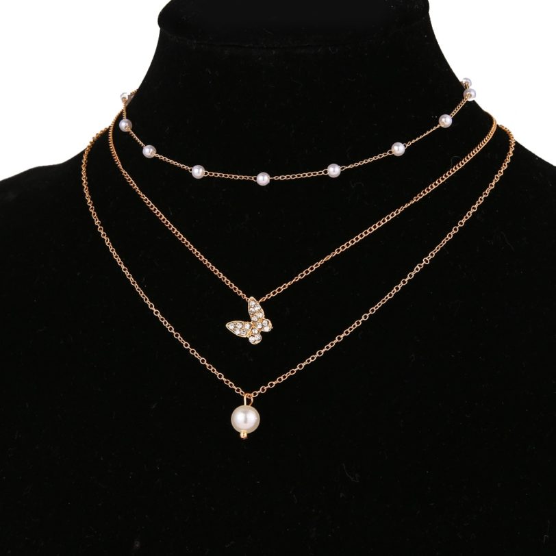 Fashion Butterfly Crystal Pearl Pendant Necklace Statement Clavicle Pearl Chain Layered Necklace Trend Butterfly Collar Jewelry - Image 2