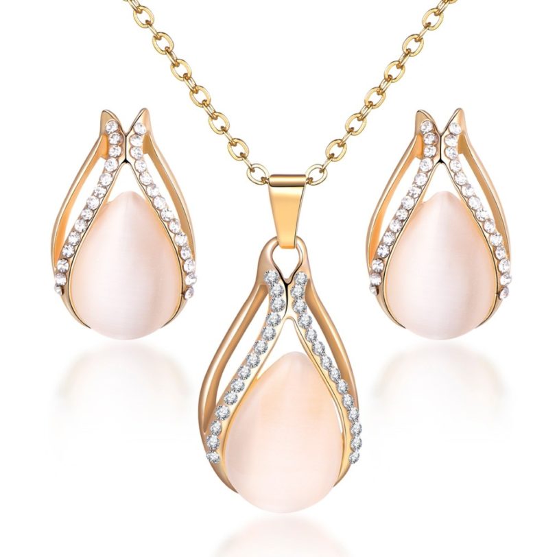 Fashion Golden Plated Opal Jewelry Sets For Woman Cubic Zirconia Water Drop Necklace Pendant Earrings Set Bridal Wedding Gift - Image 2