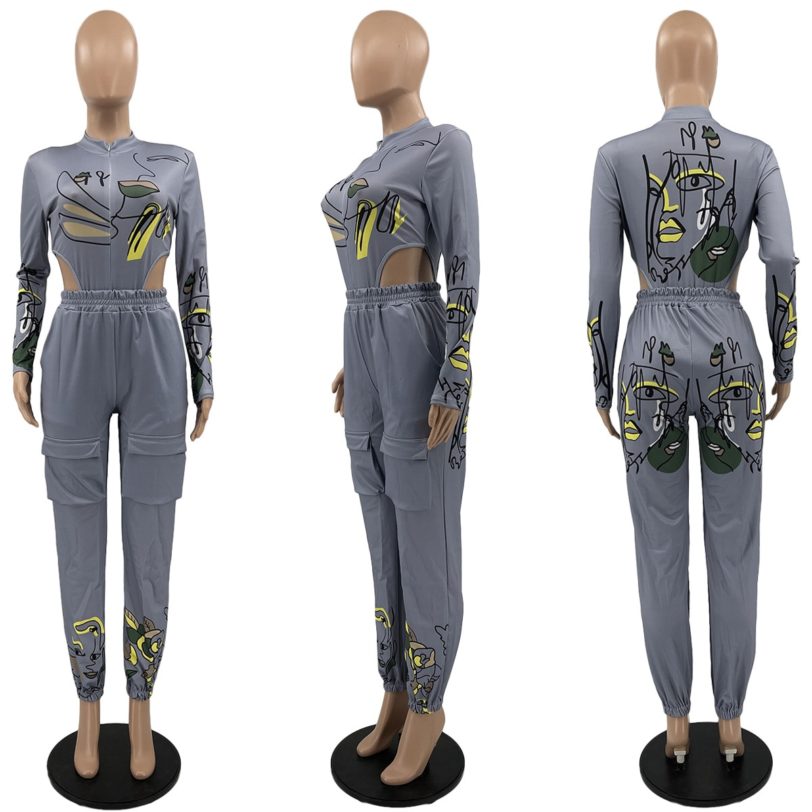 Fashion Printed Cut out Tracksuit 2 Pieces Sets Women Long Sleeve Zipper Up Bodysuit Top and