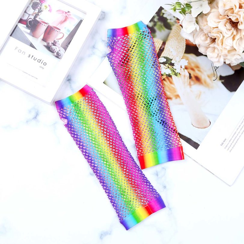 Fishnet Fingerless Long Gloves Arm Cuff Warmer Party Fancy Dress Womens Sexy Rainbow Mesh Fishnet Mermaid Cosplay Accessories - Image 3