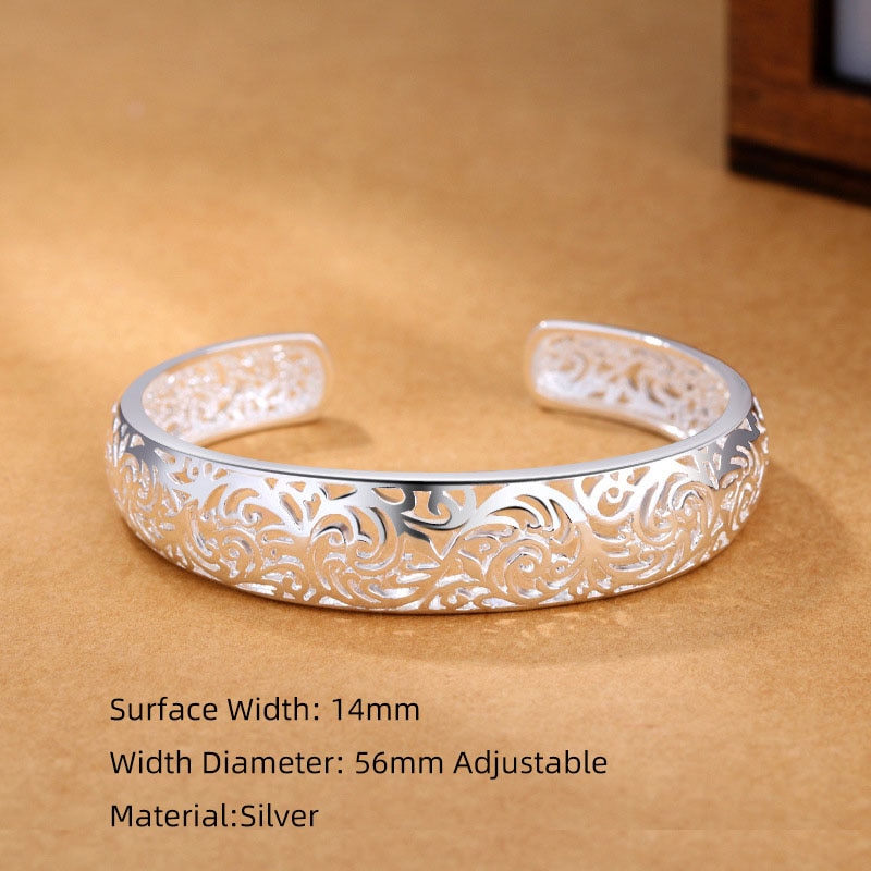 Foxanry 925 Sterling Silver Cuff Bangles Bracelet Creative Ethnic Hollow Flowers Bracelet for Women Wedding Jewelry