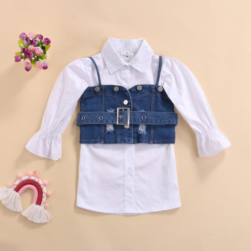 Girls Fashion Clothing Sets Children Kids Baby Girls Solid White Long Sleeve Shirt Dress Denim Vest