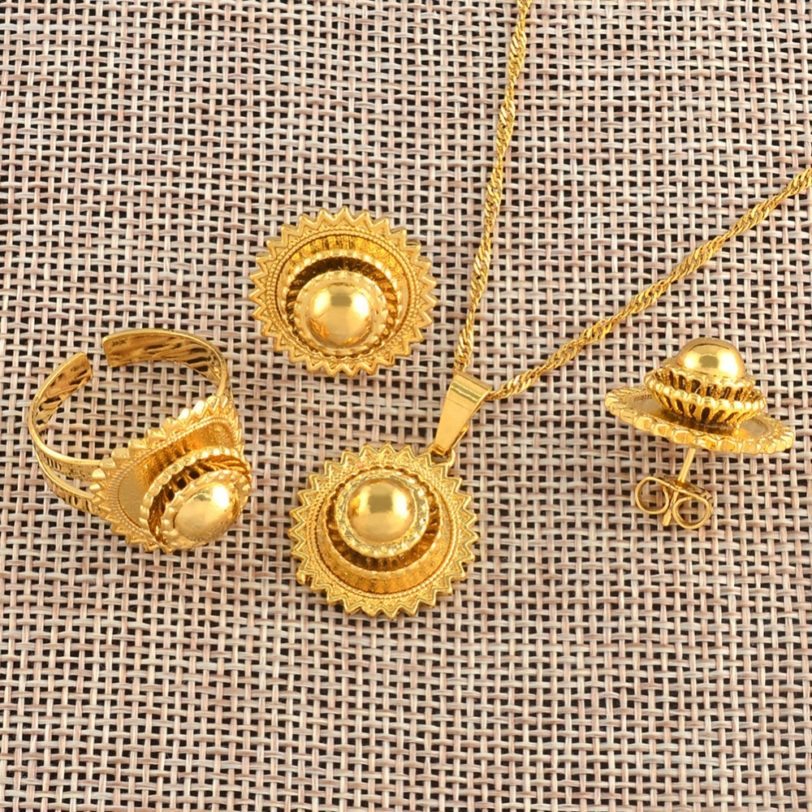 Gold Color Ethiopian Necklace Earrings Ring African Bridal Jewellery sets Habesha Eritrea Wedding Small Jewelry set #J0749 - Image 3