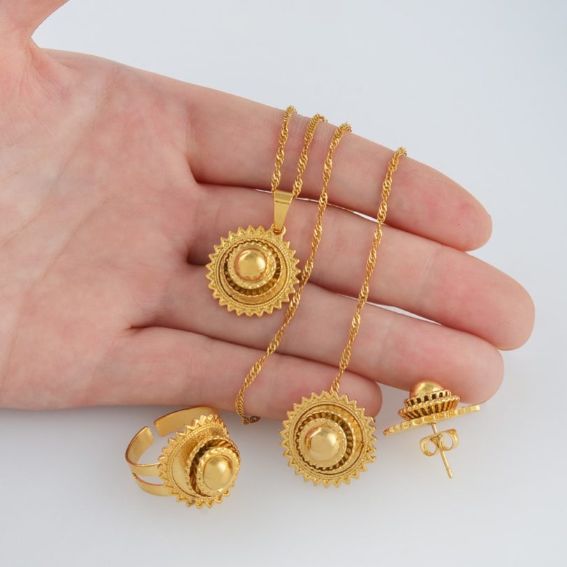 Gold Color Ethiopian Necklace Earrings Ring African Bridal Jewellery sets Habesha Eritrea Wedding Small Jewelry set #J0749 - Image 2