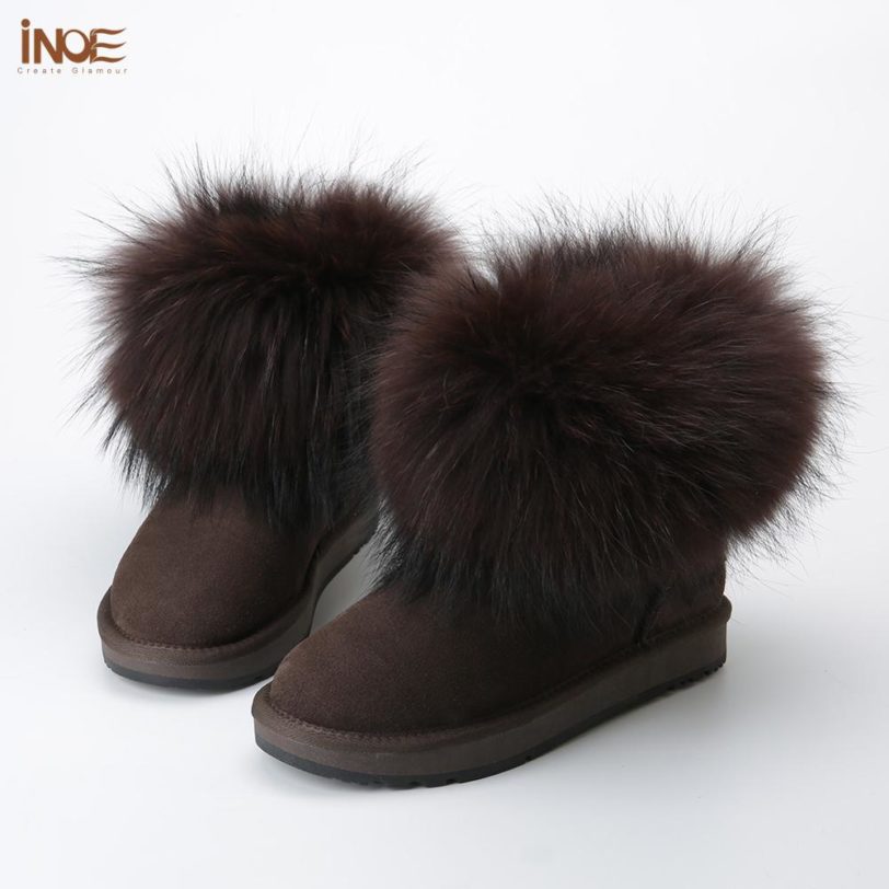 INOE Fashion Girls Fox Fur Cow Suede Leather Ankle Women Winter Boots for Woman Short Snow Boots Keep Warm Shoes Black Brown - Image 2