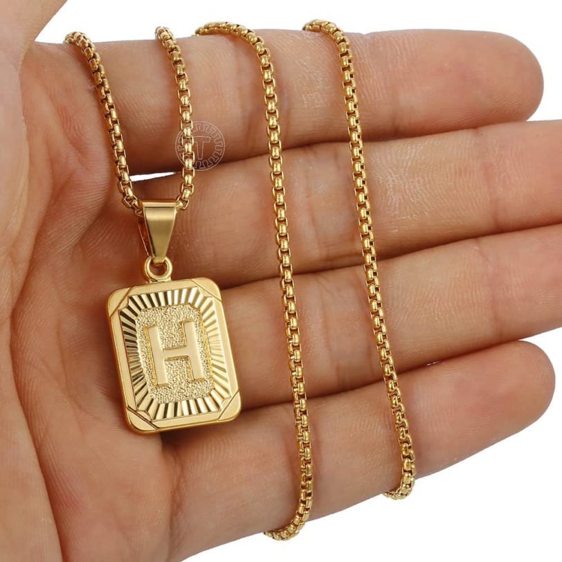 Initials Pendant Letter Name Necklace For Women Men Gold Silver Color Square Alphabet Charm Box Link Chain Couple Pendants GPM05 - Image 2