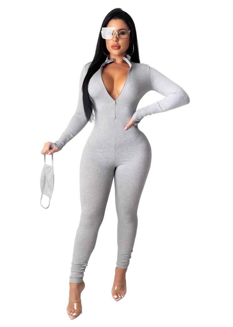 JRRY Casual Women Ribbed Jumpsuits Letters Sleeves Turtleneck Zippers Rib Bodysuit Skinny Raised Lines Pattern Outdoor Wear - Image 5