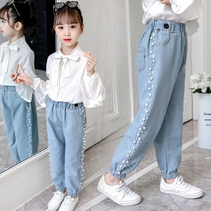 Jeans For Girl Pearls Kids Jeans Girls Spring Autumn Jeans For Children Casual Style Clothes For 1