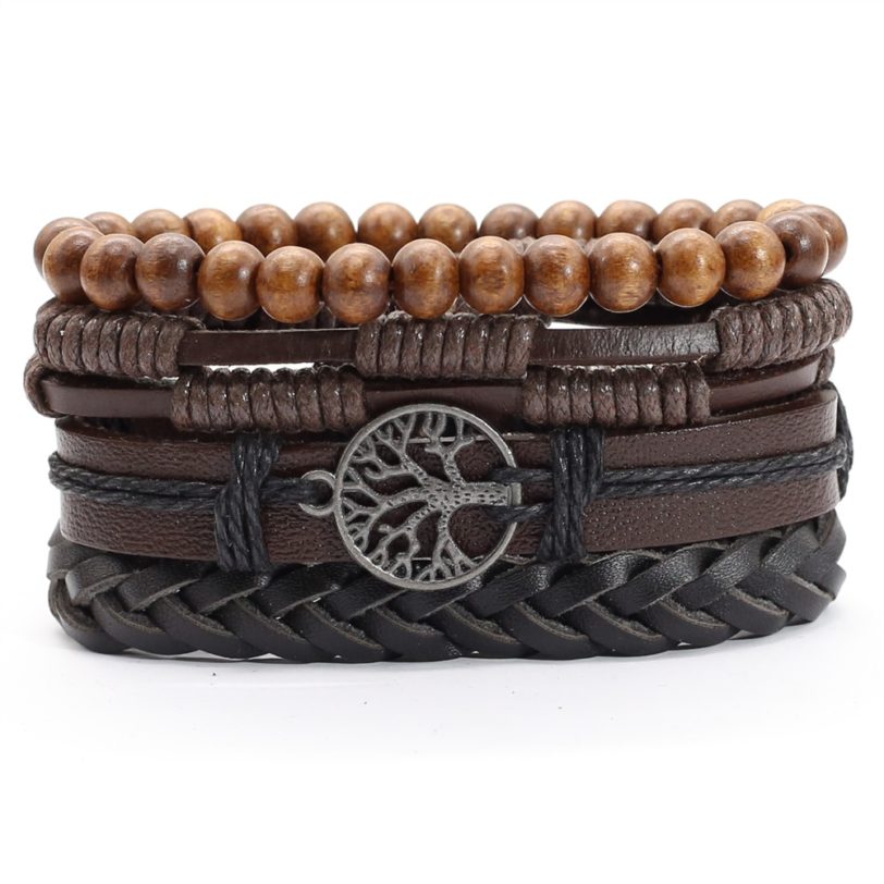 Khaki Brown Handmade Tree New Punk 4 pcs/set Multilayer Wood Beads Charm Leather Bracelets Men Bracelets Women Homme Jewelry - Image 2