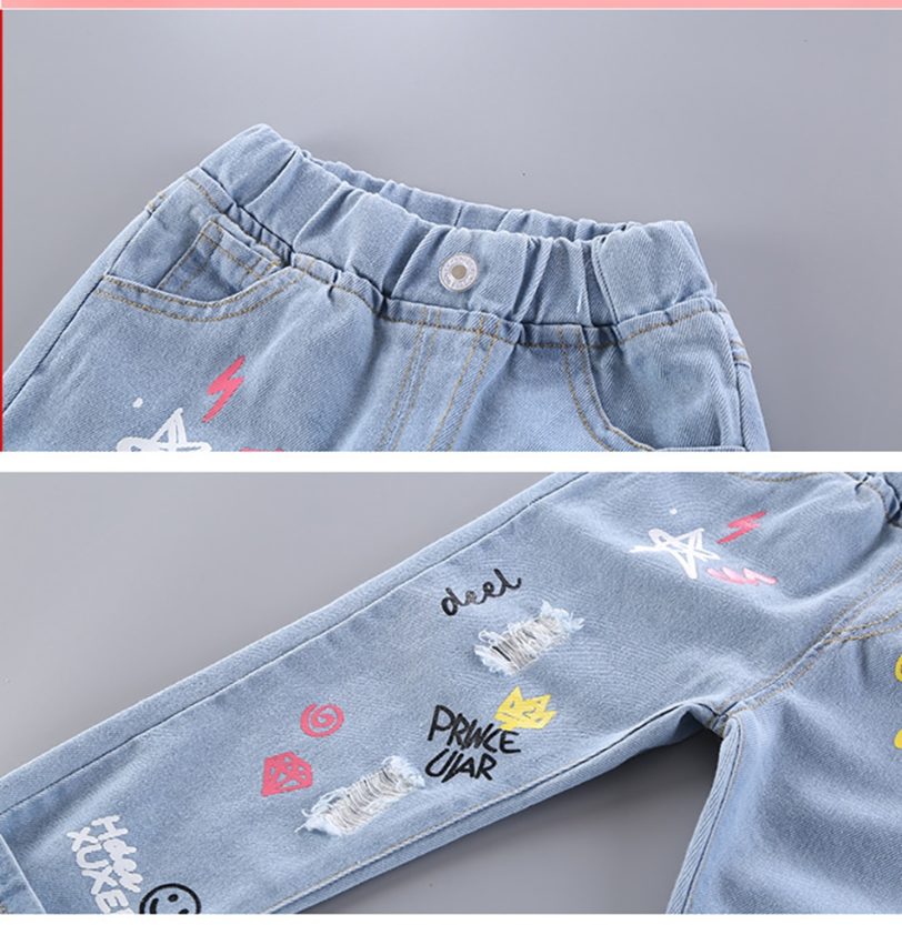 Kids Girl Jeans Floral Cartoon Long Pants Spring Autumn Graffiti Painting Print Casual Trousers with Hole