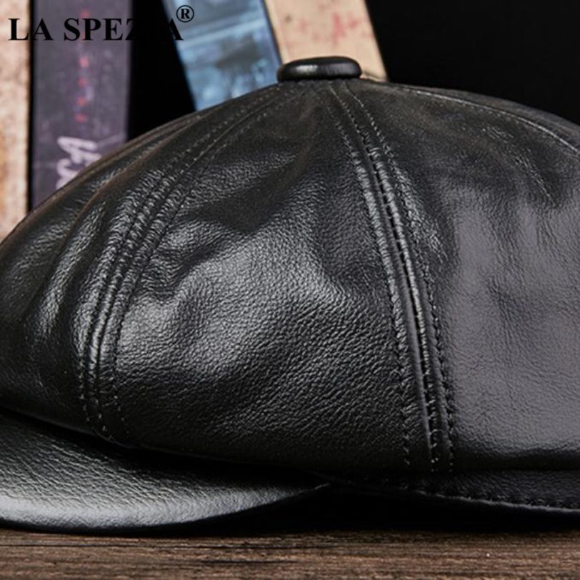 LA SPEZIA Black Newsboy Hats For Men Genuine Cowskin Leather Octagonal Cap Male Autumn Winter Fitted Vintage Duckbill Hats Beret - Image 2