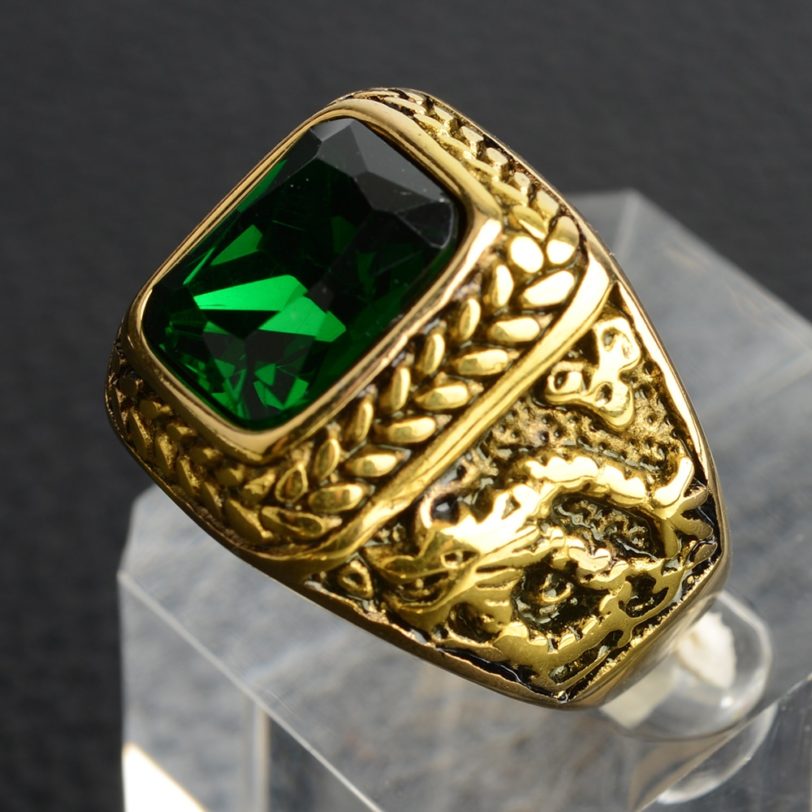 Luxury Big Square Green Stone Gold Color Filled Shining Zircon Ring Bling Engagement Cool Boy Gift - Image 3