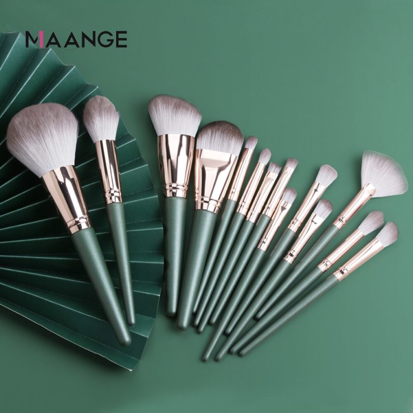 MAANGE 14pcs Makeup Brushes Set Green Large Loose Powder High Gloss Eyeshadow Foundation Contour Synthetic Hair Cosmetic Tools - Image 2