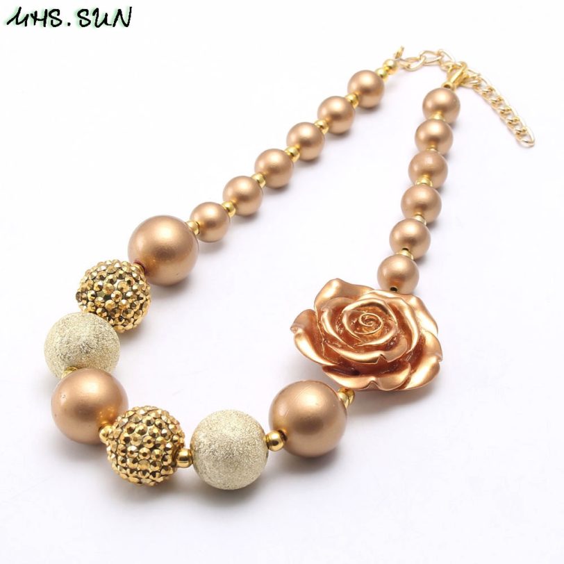 MHS.SUN Gold Rose Flower Chunky Beads Necklace For Child Kids Girl Fashion Bubblegum Necklace For Party Handmade Chunky Jewelry - Image 3