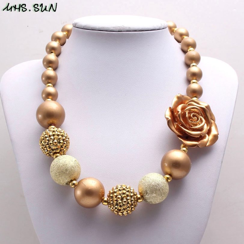 MHS.SUN Gold Rose Flower Chunky Beads Necklace For Child Kids Girl Fashion Bubblegum Necklace For Party Handmade Chunky Jewelry - Image 6