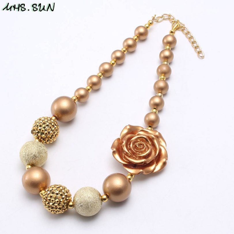 MHS.SUN Gold Rose Flower Chunky Beads Necklace For Child Kids Girl Fashion Bubblegum Necklace For Party Handmade Chunky Jewelry - Image 2