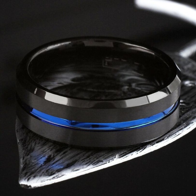 Men's Fashion 8mm Black Stainless Steel Brushed Inlay Thin Blue Line Groove Ring Premium Mens Engagement Wedding Band Jewelry - Image 5