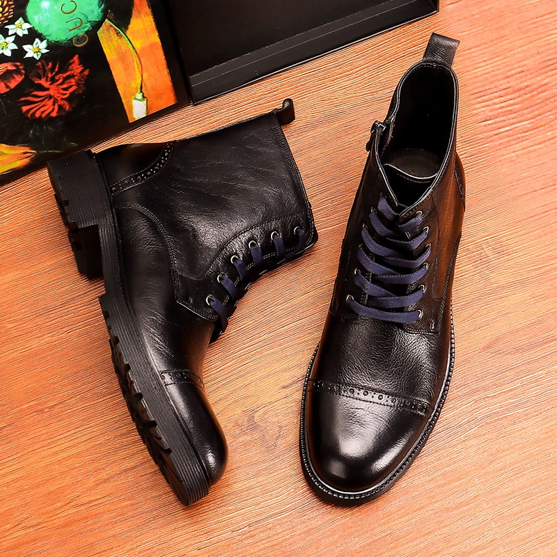 Men Winter Chelsea Boots Genuine Leather Mens Platform Brogue Casual Ankle Flat Shoes Laces Up Dress