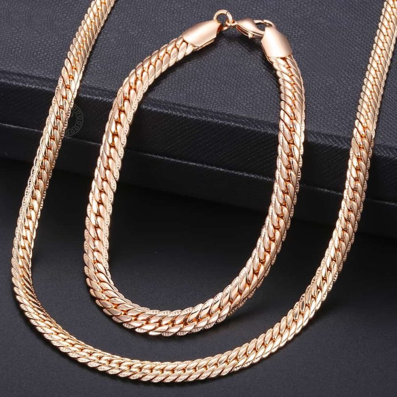 Men Women's Jewelry Set 585 Rose Gold Bracelet Necklace Set Double Curb Cuban Weaving Bismark Chain 2018 Wholesale Jewelry KCS04 - Image 2