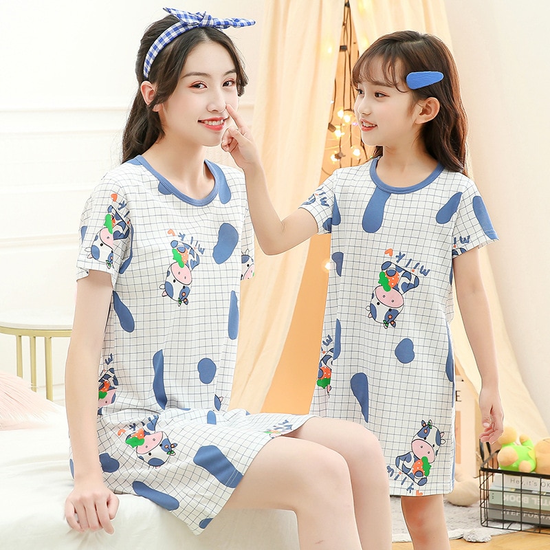 New Summer Girls Nightgown Pajamas kids Short sleeved nightdress cute 100 cotton child baby sleeping dress