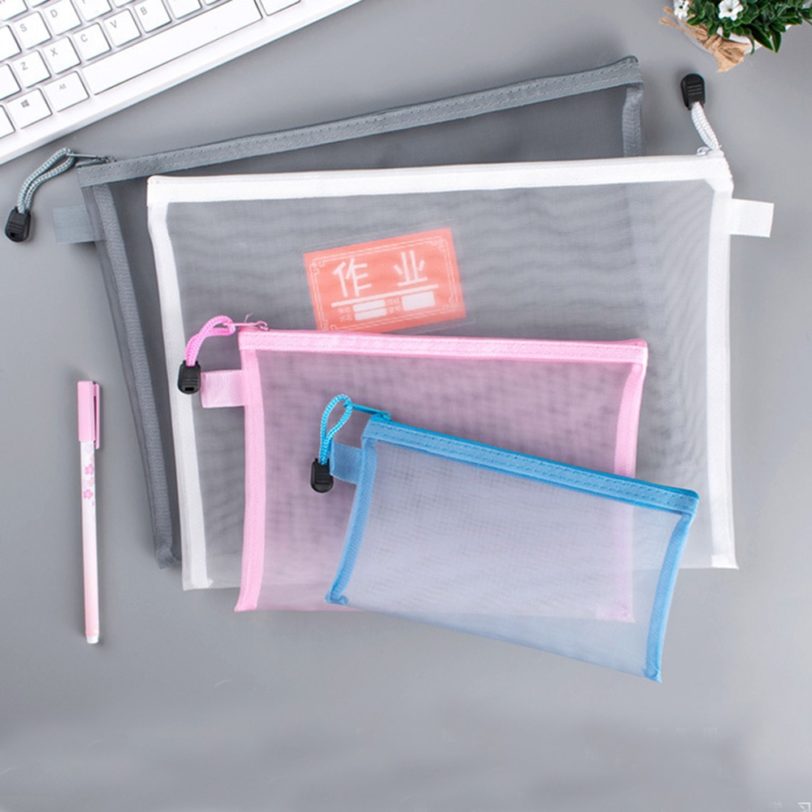 Pure Color Mesh Pencil Case Simple Transparent Mesh Document Bag Zipper Stationery Bag Nylon Bag Office School Supplies - Image 2