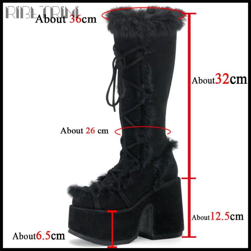 RIBETRINI Brand Designer Fur Gothic Chunky Block Heel Women Boots High Heel Platform Cosplay Casaul Party