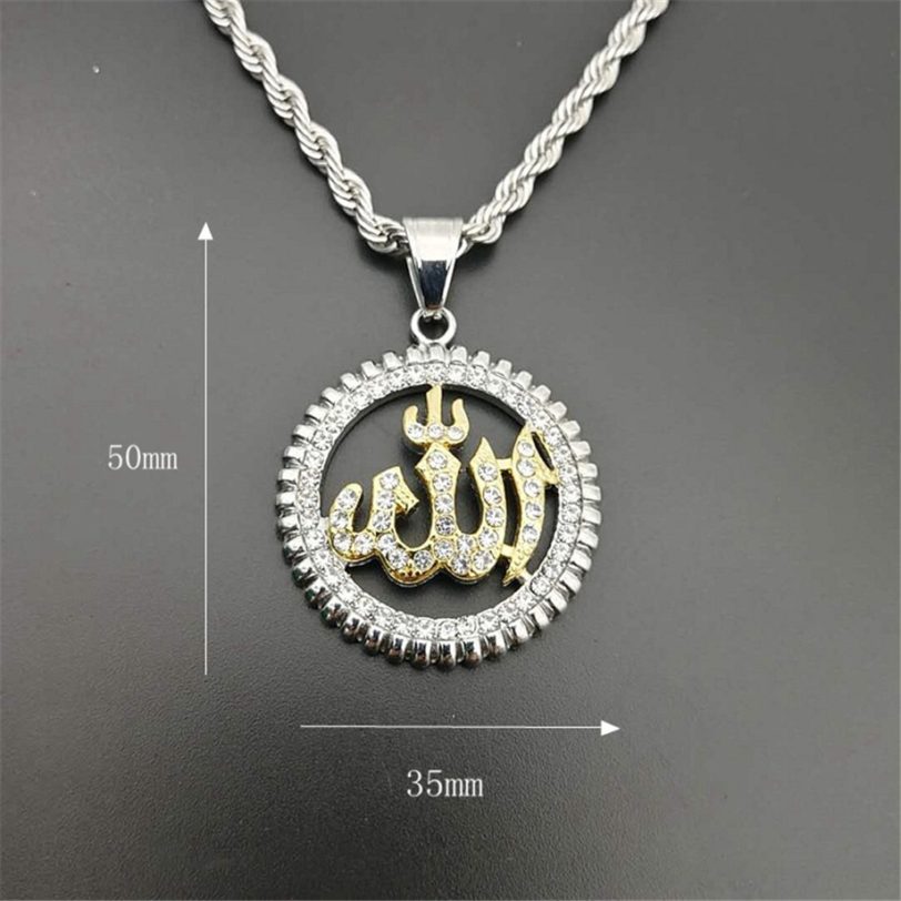 Religious Round Allah Pendant Necklaces Gold Color Stainless Steel Rhinestones Necklace Iced Out Bling Islamic Jewelry - Image 2