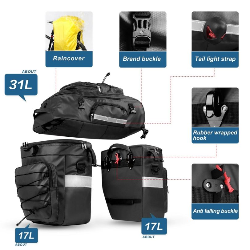 Rhinowalk Upgrade 3 in 1 Bike Bags Rear Seat Trunk-Bag Waterproof Bicycle Pannier 65L MTB Cycling Luggage Multifunction Backpack - Image 4