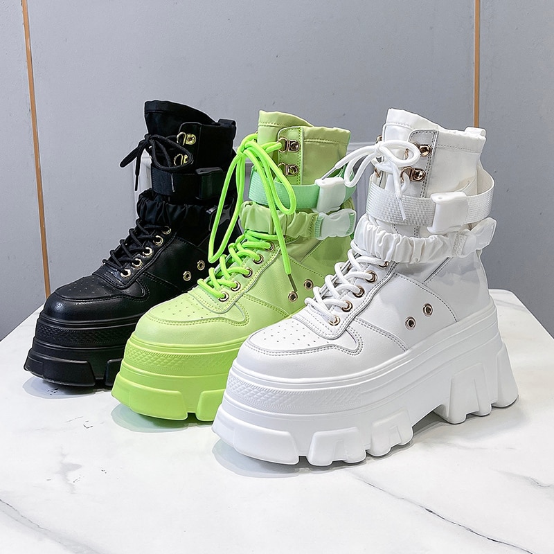 Rimocy Green Punk Chunky Platform Motorcycle Boots Women Autumn Winter Gothic Shoes Woman Thick Bottom Lace